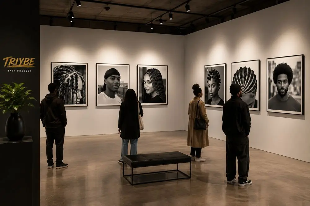 Artist’s impression of the TRIYBE Hair Heritage and Identity Exhibition: black-and-white hair portraits in a gallery