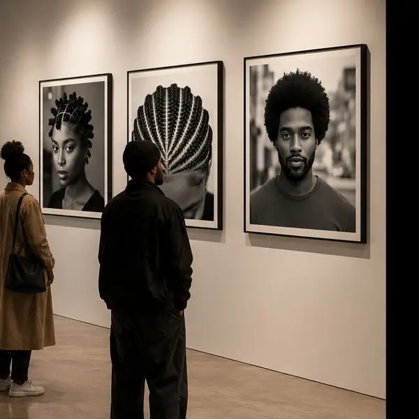 Artist’s impression of the TRIYBE Hair Heritage and Identity Exhibition: black-and-white hair portraits in a gallery