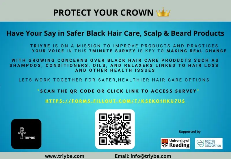 Protect Your Crown poster: have your say in safer Black hair care, scalp and beard products. Supported by the University of Reading and the British Science Association