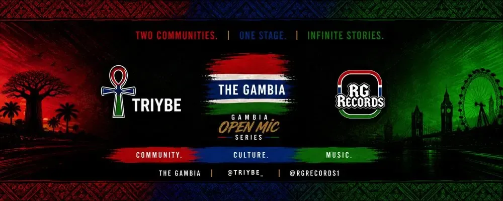 Gambia Open Mic Series banner: Two communities. One stage. Infinite stories. TRIYBE and RGRecords. Community, culture, music.