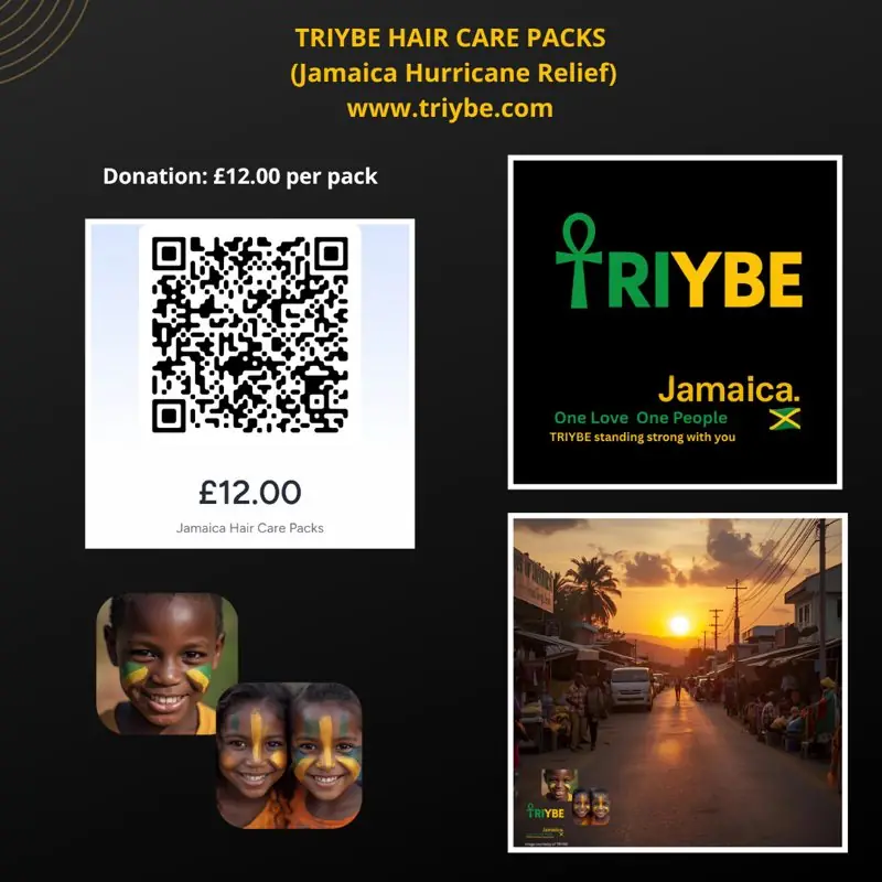 TRIYBE Hair Care Packs Jamaica Hurricane Relief appeal: donation £12 per pack, with QR code